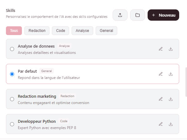 Liste des skills configurables