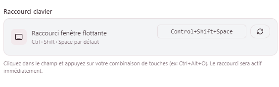Configuration du raccourci global