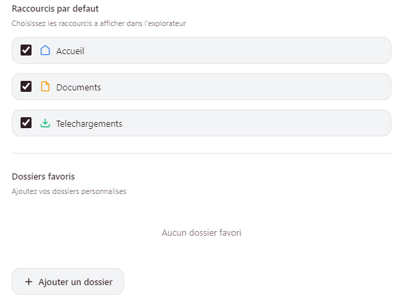 Configuration des dossiers d'acces rapide