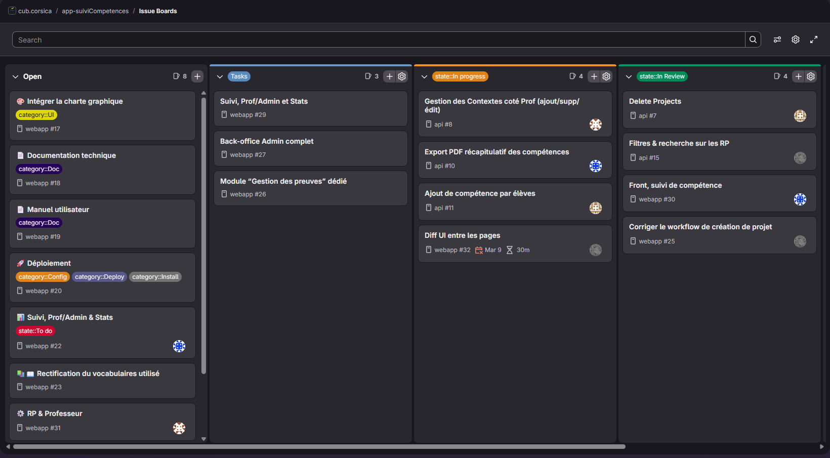 Board GitLab Suivi Comp&eacute;tences